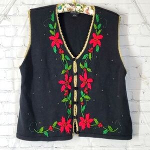 Vintage 90s Beaded Christmas Poinsettia Embroidered Button Black Vest Womens XL